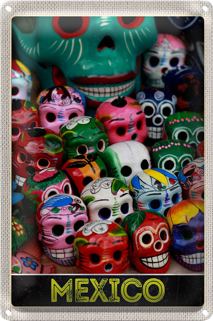 Blechschild Reise 18x12cm Mexiko Amerika USA bunte Totenköpfe