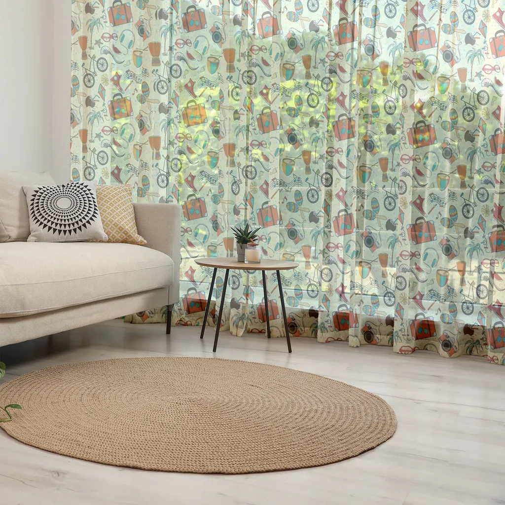 ABAKUHAUS Arazzo estivo, Motivo ripetitivo colorato Caldo tempo da spiaggia Palma Musica Anguria, Arazzo in raso setoso per soggiorno e camera da letto, 274 cm x 274 cm, Terra di Siena bruciata e multicolore - 3