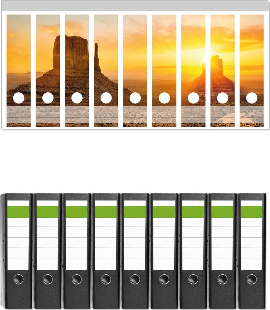 Wallario 9 Stück breite Ordner inkl. Klebeetiketten mit Motive Monument bei Sonnenuntergang - Set mit Rückenschildern / Ordnerrücken Stickern