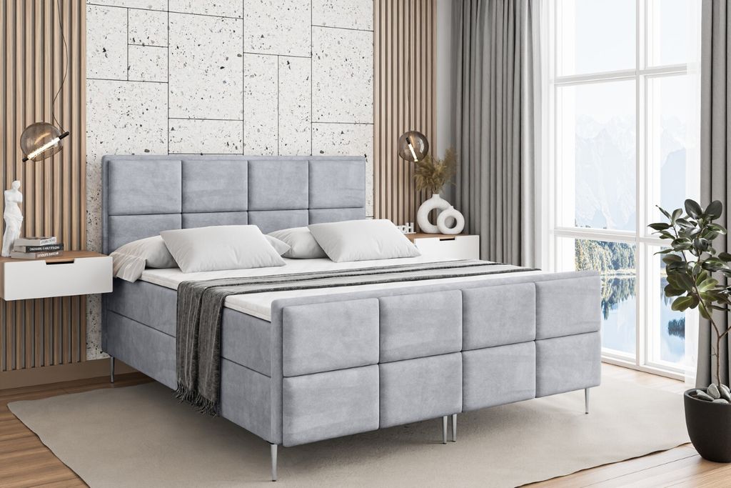 ALTDECOR Boxspringbett mit Silber Füßen, Matratze und Lattenrost, Topper, Fußteil, Polsterbett mit Bettkasten, Bett mit Stauraum H4-Matratze, Do...