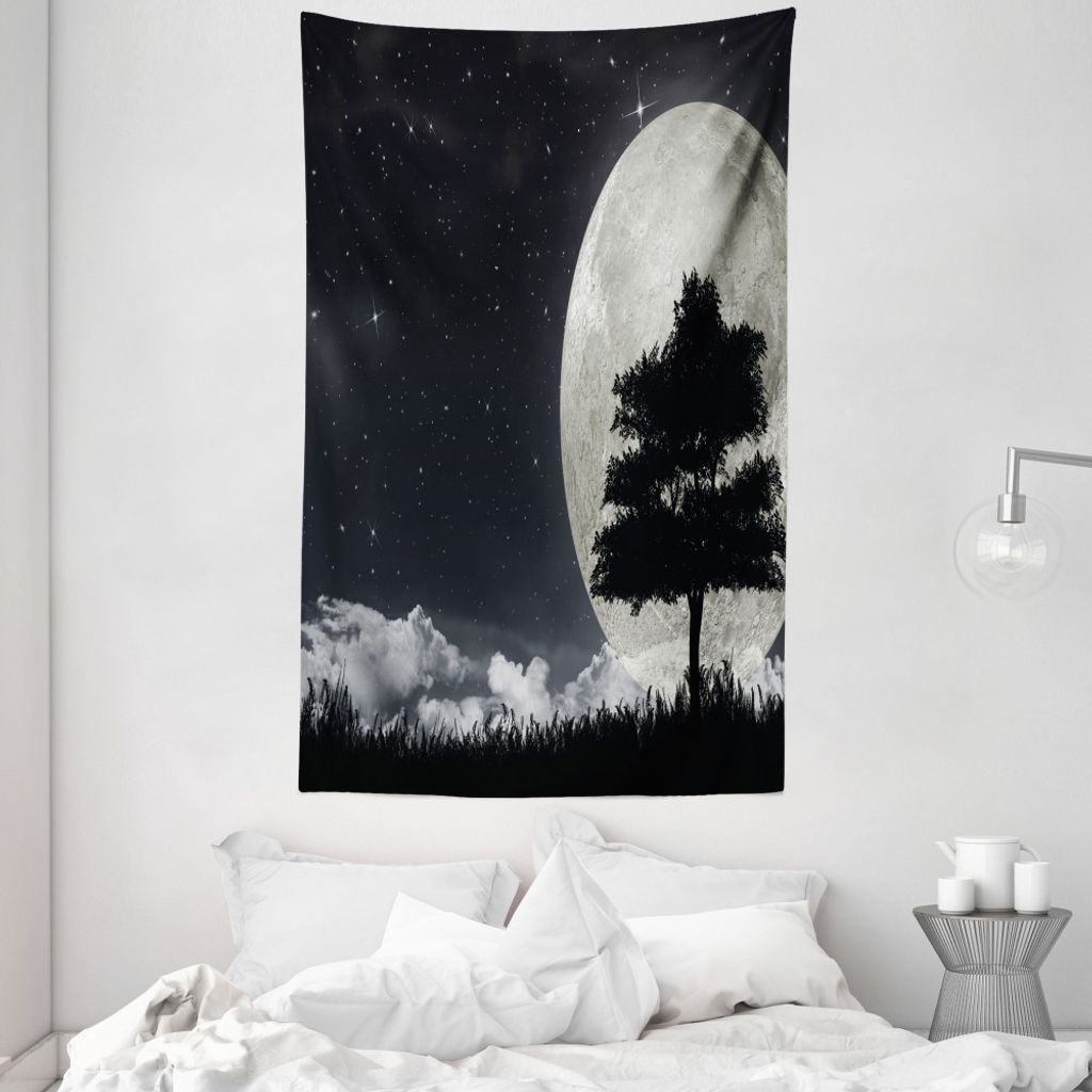 ABAKUHAUS Nacht Wandteppich und Tagesdecke, Riesen-Mond-Baum aus Weiches Mikrofaser Stoff Waschbar ohne Verblassen Digitaldruck, 140 x 230 cm, Grau...