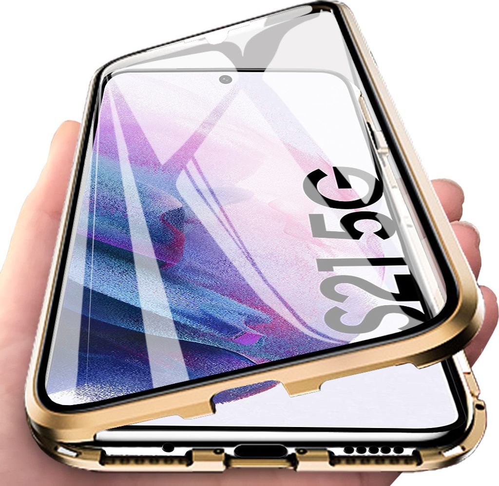 Samsung Galaxy S21 FE 5G Hülle, Gehärtetem Glas mit Magnetischer Adsorptionskasten 360 Grad Komplett Schutzhülle für Samsung Galaxy S21 FE 5G Gold