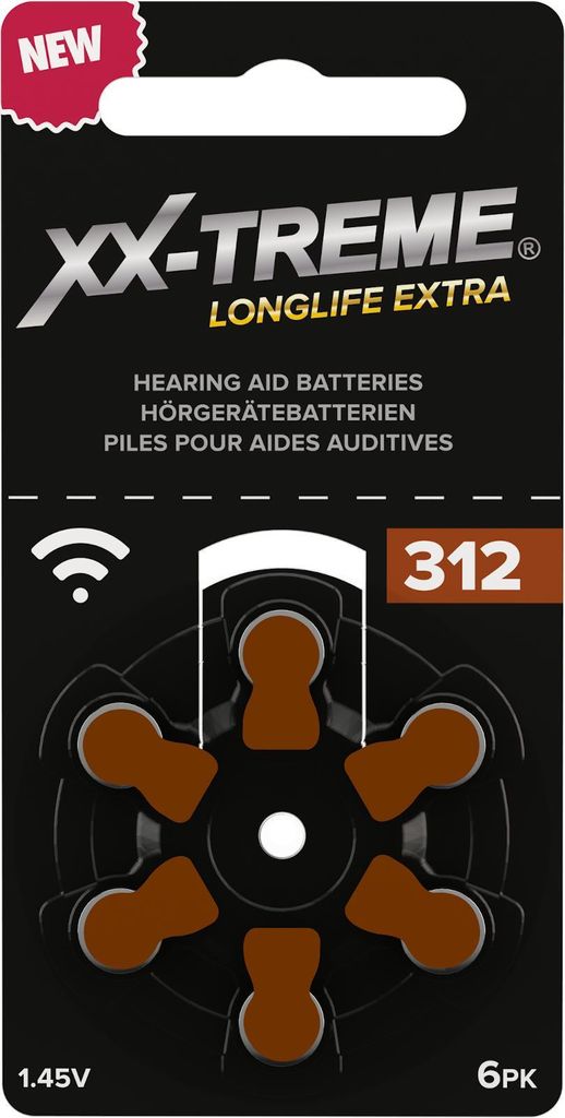 XX-Treme Longlife Extra Hörgerätebatterien Typ 312 konzipiert für höchste Leistung Pack mit 1 Blister à 6 Hörgerätebatterien PR 48 Farbcode ...