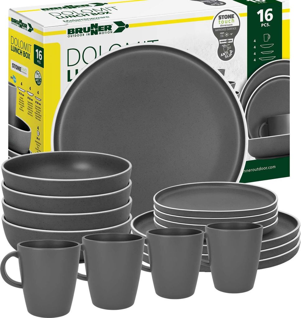 BRUNNER Camping Geschirr Set 4 Personen | Anti-Slip | Lunchbox DOLOMIT, 16-tlg.
