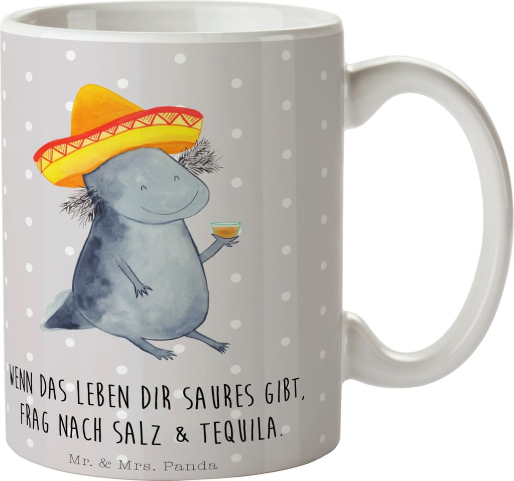 Mr. & Mrs. Panda Kaffeetasse Axolotl Tequila - Grau Pastell - Geschenk, Kaffeebecher, Keramikbecher, Henkelbecher, Mexiko, trinken, Tasse, Zitrone,...