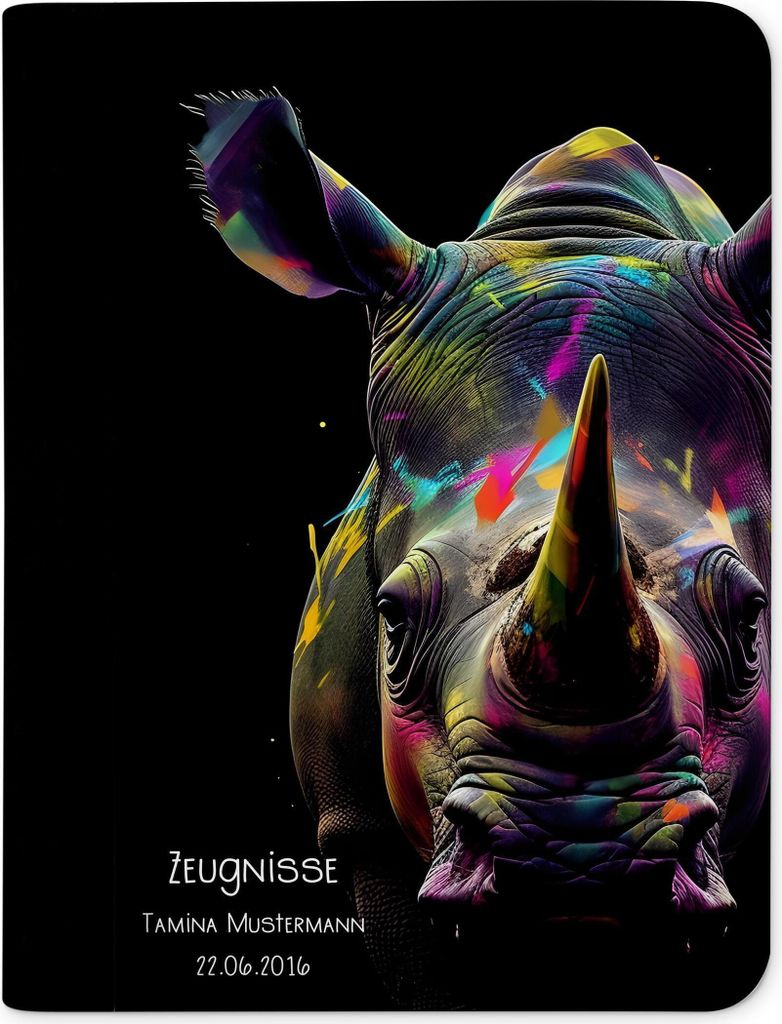 Zeugnismappe, Dokumentenmappe, Ordner A4, Nashorn mit Klarsichthüllen