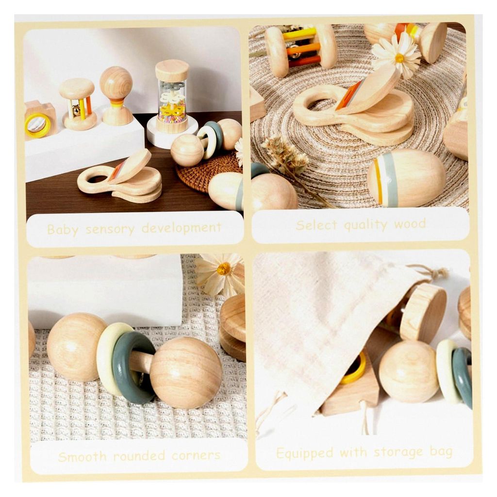 7-teiliges Set Holz-Babyrassel, -natürliche Babyrassel mit Regenstab, Handglocke, Sandball und mehr, Montessori-Holz für Jungen und Mädchen zum ...