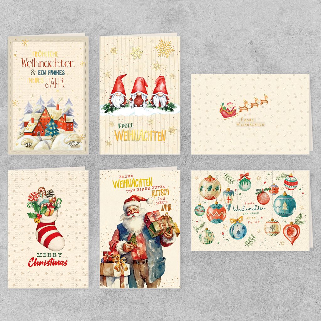 GreenLine Weihnachtskarten Set 6 Stück inkl. Umschlag Weihnachtsgrüße Frohe Weihnachten Handmade Recycling Glückwunschkarte aus Zuckerrohrpapier