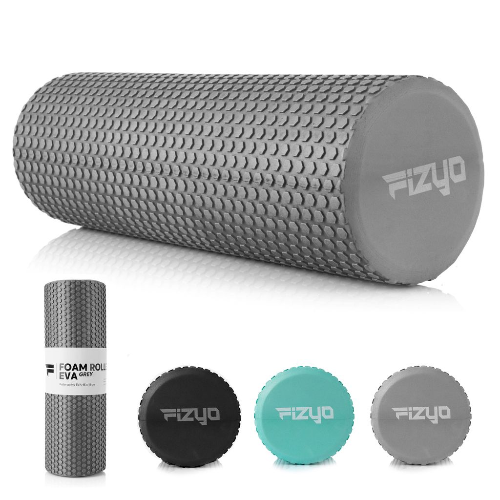 A collage of a foam roller and its end caps in different colors.