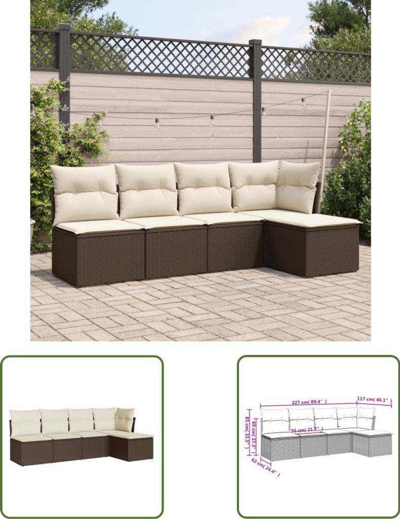 The Living Store 5-tlg. Garten-Sofagarnitur mit Kissen Braun Poly Rattan