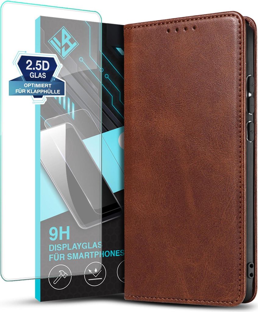 Handyhülle für Xiaomi Redmi Note 14 Pro 5G mit 9H Displayglas Kunstleder Flip Cover Hülle Handytasche Case Kartenfach Farbe: Dunkelbraun