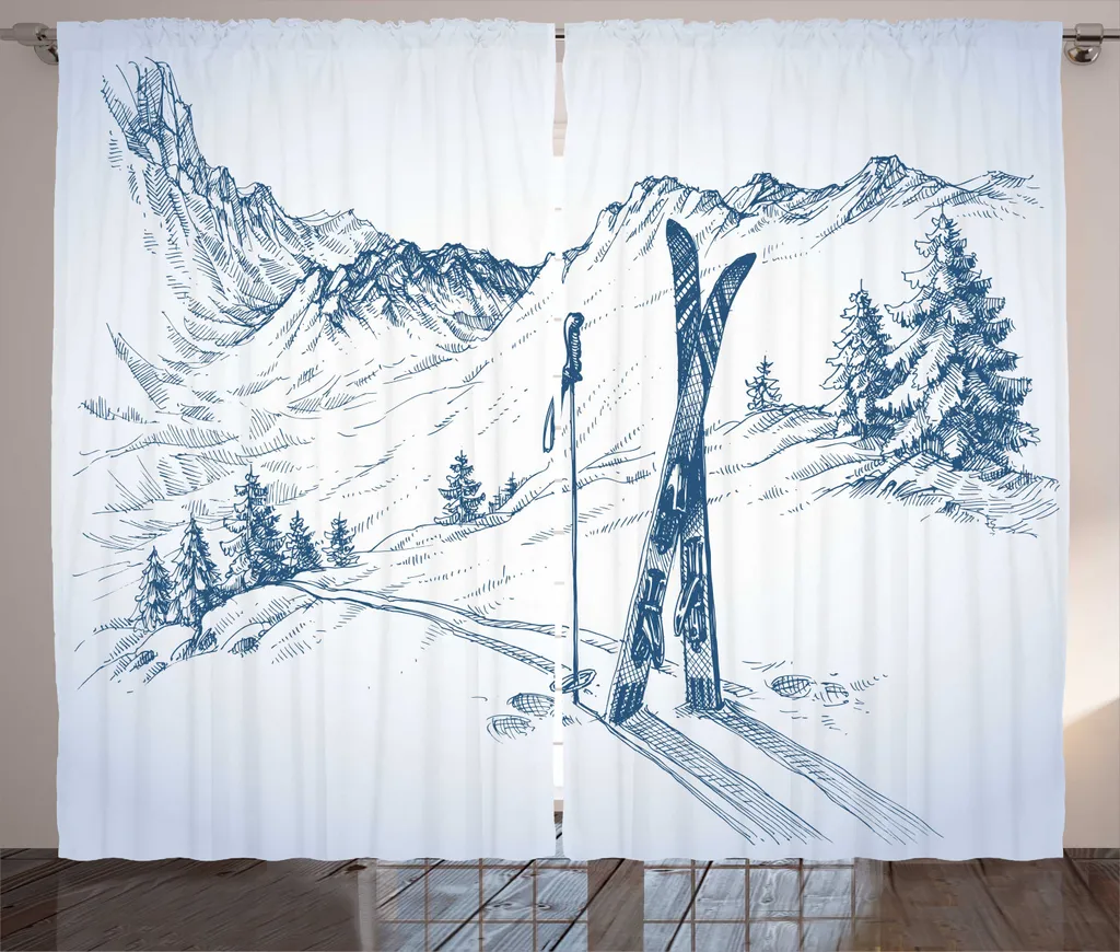 ABAKUHAUS Tenda rustica invernale, paesaggio delle Snowy Mountains, tende universali per soggiorno con passanti e ganci, 280 x 225 cm, blu petrolio scuro e bianco