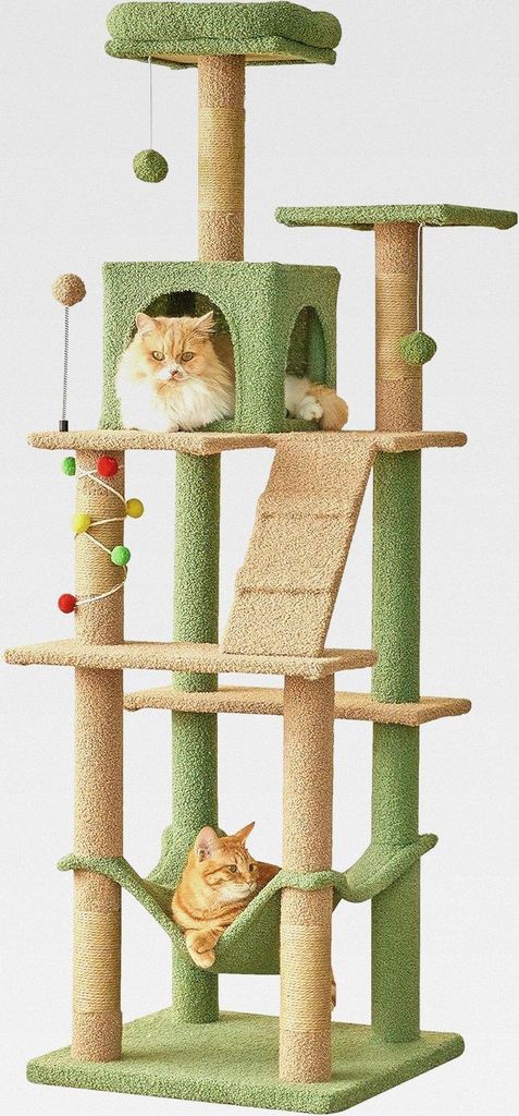 Katzenbaum in Grün, 163 cm hoher Kratzbaum mit Schlafhöhle, gemütlicher Hängematte, Sisal-Pfosten, Mehreren Plattformen und bunten Spielbällen