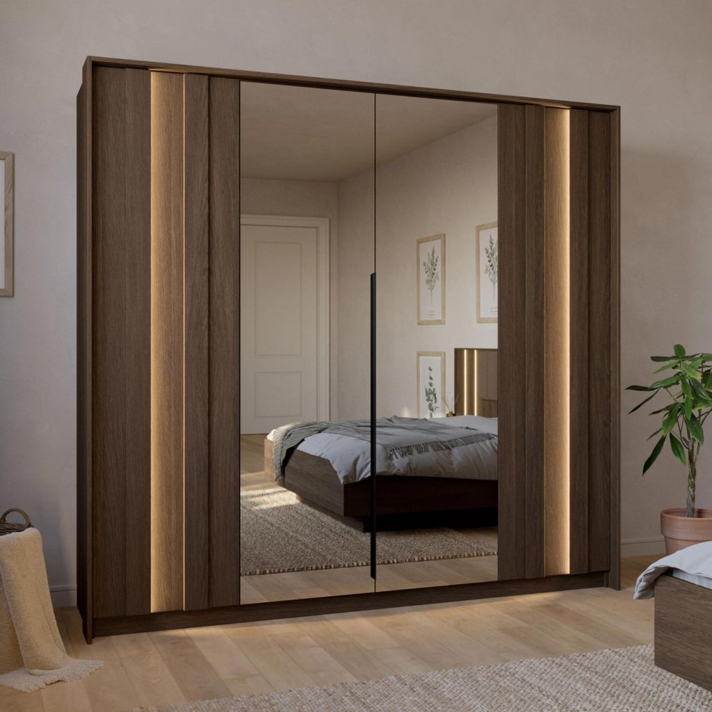 4-türiger Kleiderschrank LUPO 230 cm Eiche Dunin 2 Spiegel Produktbild 