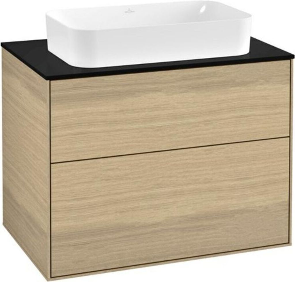 Villeroy & Boch Finion Waschtischunterschrank, 2 Auszüge, mit integrierter Beleuchtung, Waschbecken mittig, mit Hahnloch, 800x603x501mm, Glass Bla...