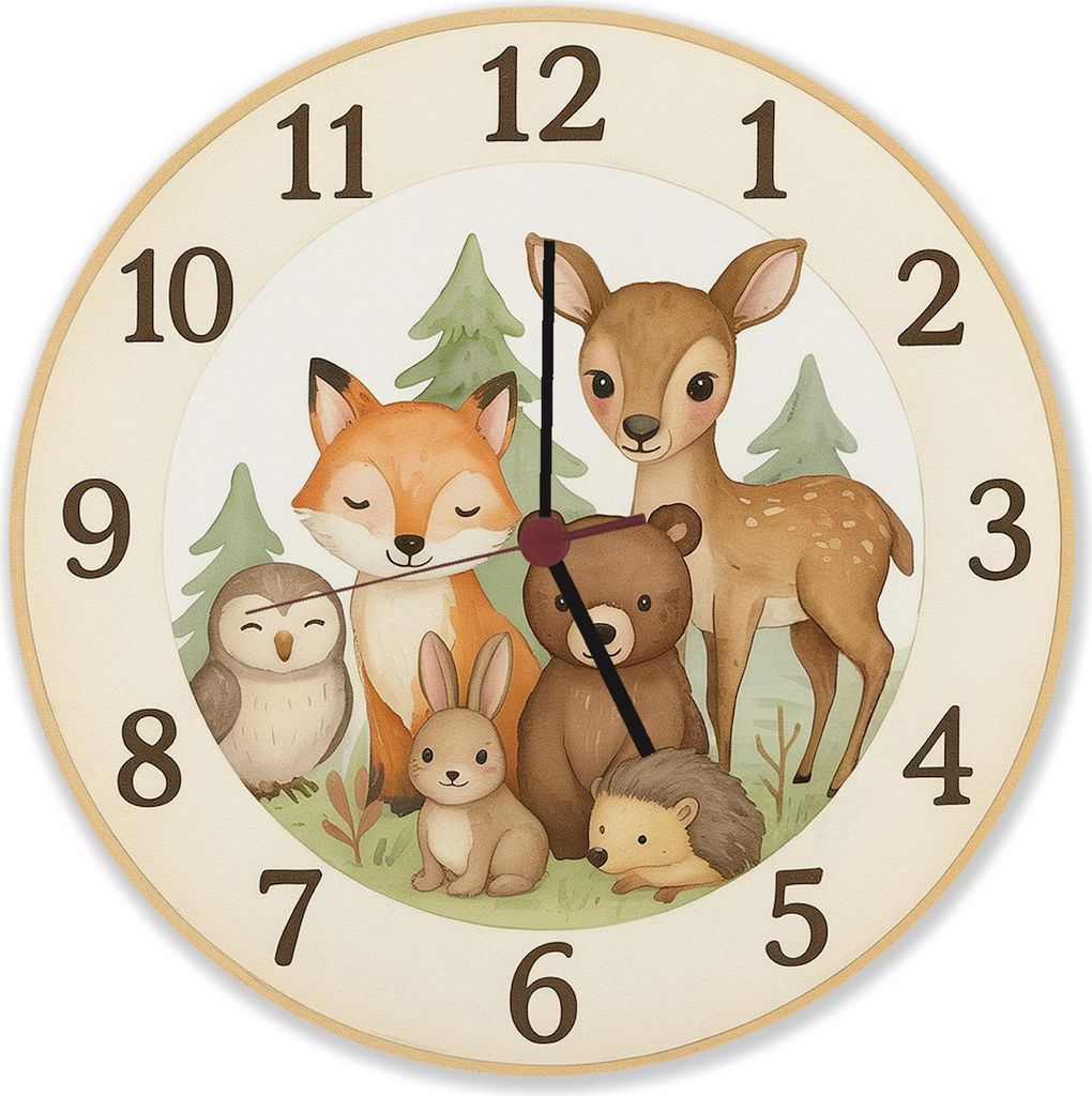 Waldtiere Aquarellstil Wanduhr aus Alu für Tierliebhaber Produktbild 