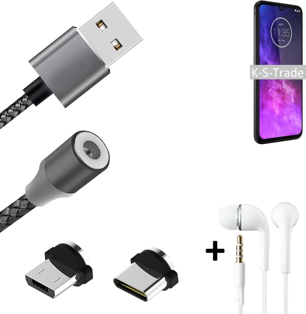 K-S-Trade Hochwertiges Magnet-Lade-kabel Sync-Kabel Daten-Kabel + Kopfhörer kompatibel mit Motorola One Zoom mit USB-Typ-C-Anschluss und
