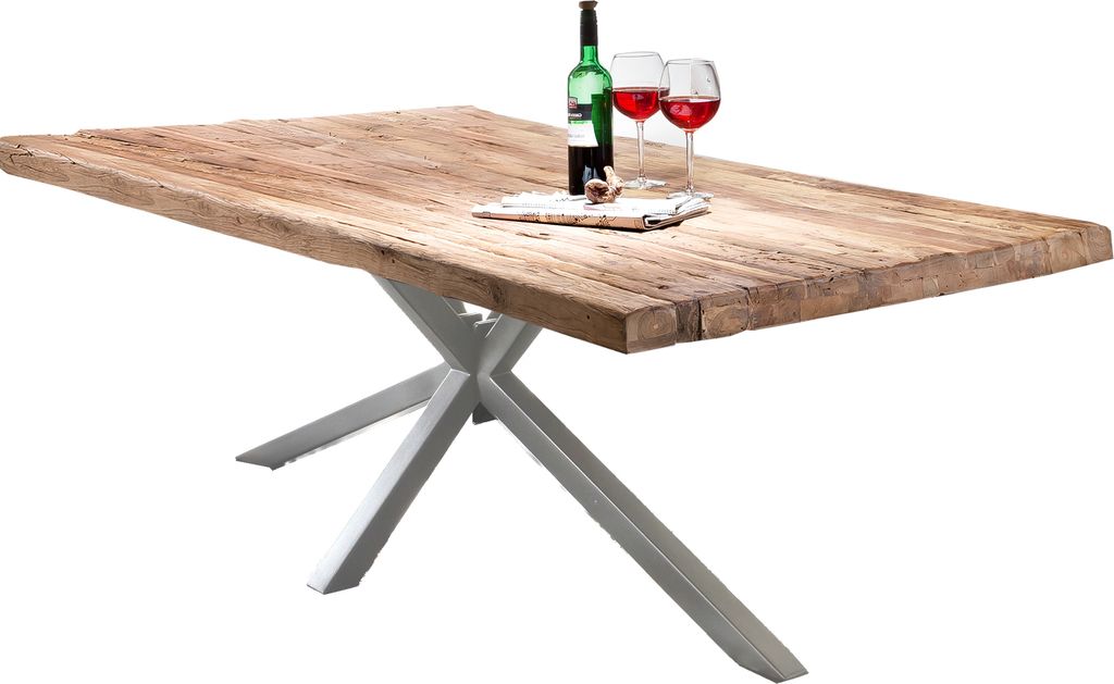 TPFLiving Tisch 240x100 cm Platte recyceltes Teak, Gestell Metall Platte natur, Gestell antiksilber