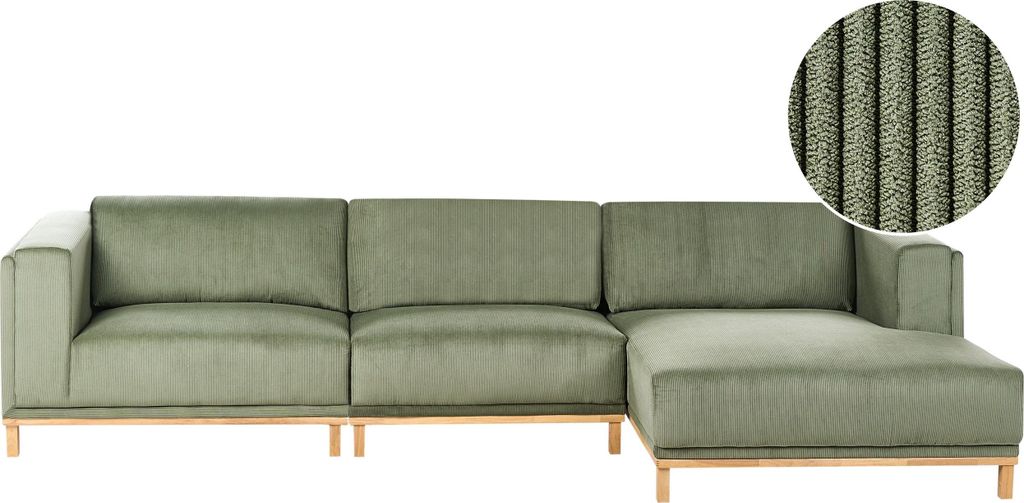 BELIANI Ecksofa Grün Cord Stoff Linksseitig 5-Sitzer mit Eukalyptusholz Beinen Modernes Design Gepolstert Gemütlich Couch für Wohnzimmer Möbel
