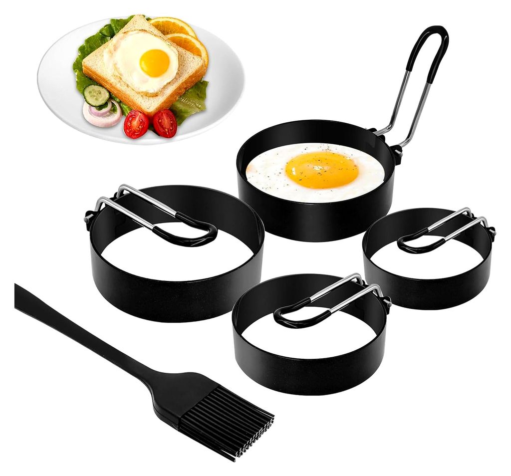 4 Stück Spiegeleiform, 2,95/3,93 Zoll Pancake Form, Antihaft Spiegeleierformen mit Klappgriffen und Silikonpinsel, Edelstahl Eierformer