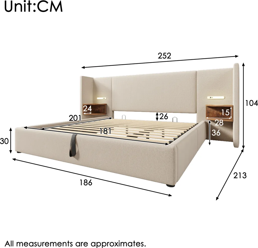 MODFU Lit coffre 180x200 cm - Lit double avec charge USB et Lampe - Beige - 4