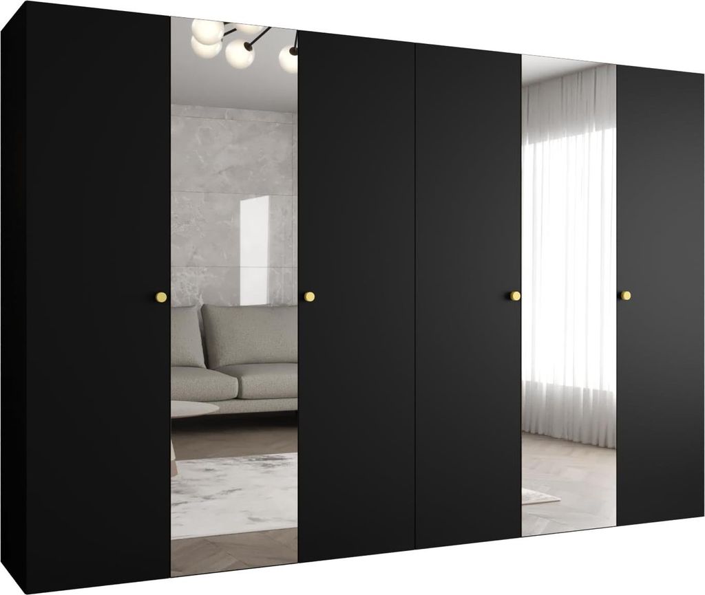 MEBLE KRYSPOL Schrank 300x202x52 cm mit Kleiderstange & Spiegel, 6xTür, PARMA, Schwarz, Griff Gold