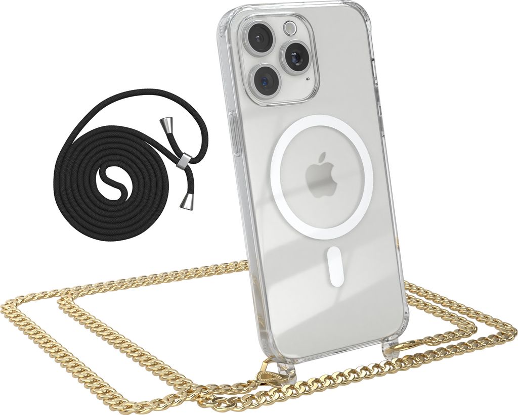 EAZY CASE Handykette kompatibel mit Apple iPhone 15 Pro Max, Kette zum Umhängen aus Metall, Silikonhülle mit Band, stoßfest, mit MagSafe in Gold