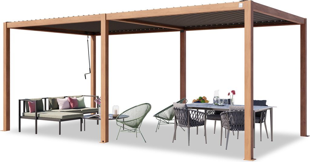 PRIMEYARD Pergola 3x6 m Aluminium-Pfosten in Holzoptik mit Lamellendach aus Stahl Terrassenüberdachung