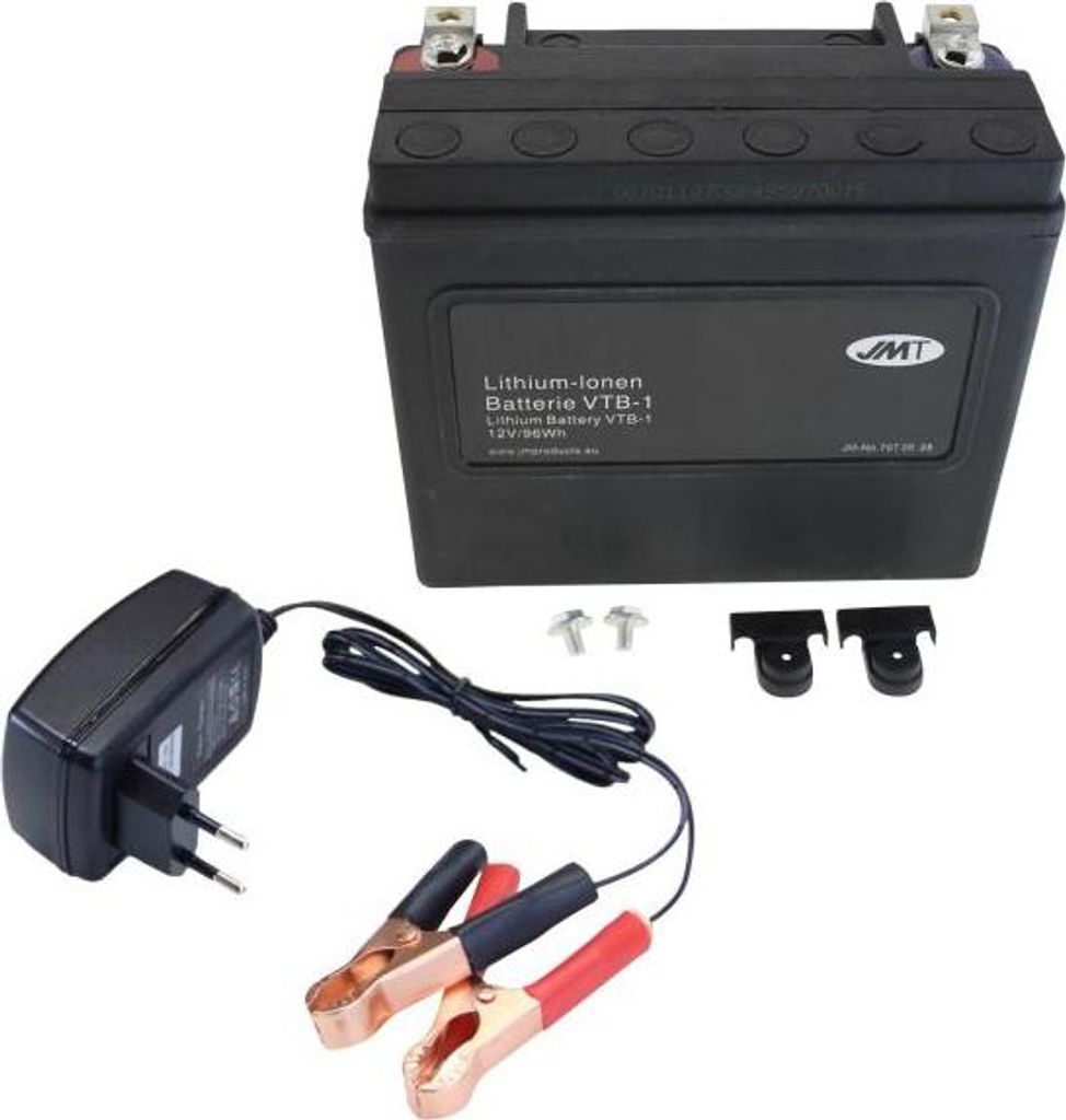 Lithium-Ionen-Batterie JMT VTB-1 V-Twin, 12 V 8 Ah, Pluspol rechts, DIN 51821 + Ladegerät