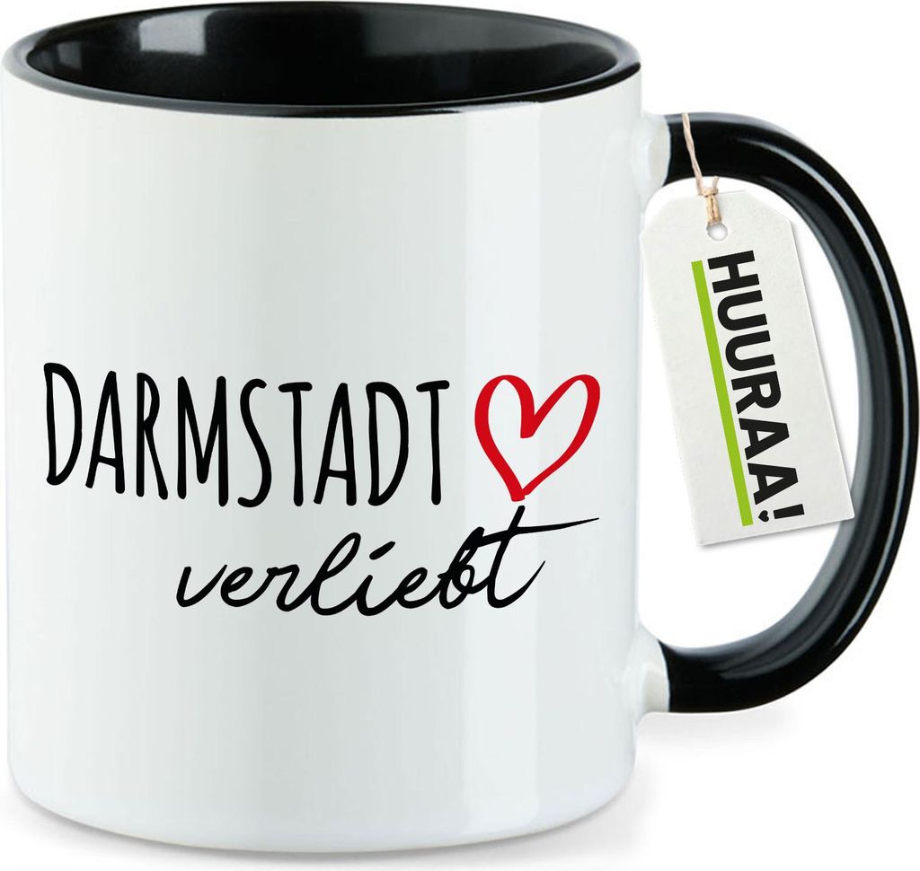 Huuraa Kaffeetasse Darmstadt verliebt 330ml Schwarz Keramik Kaffeebecher Geschenkidee