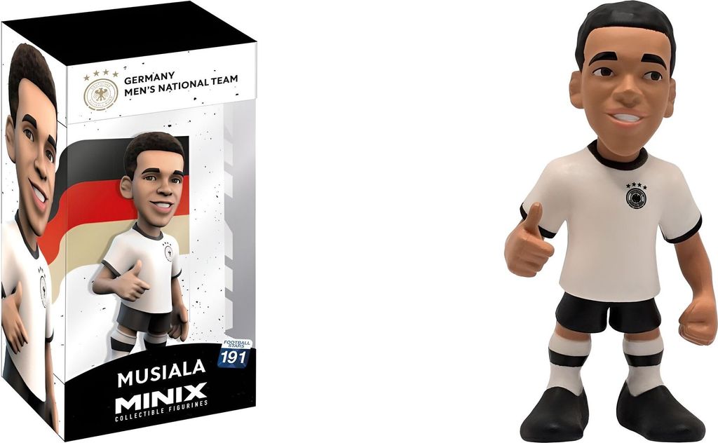 A product image showing a collectible figurine of Jamal Musiala in its packaging and a separate figurine.