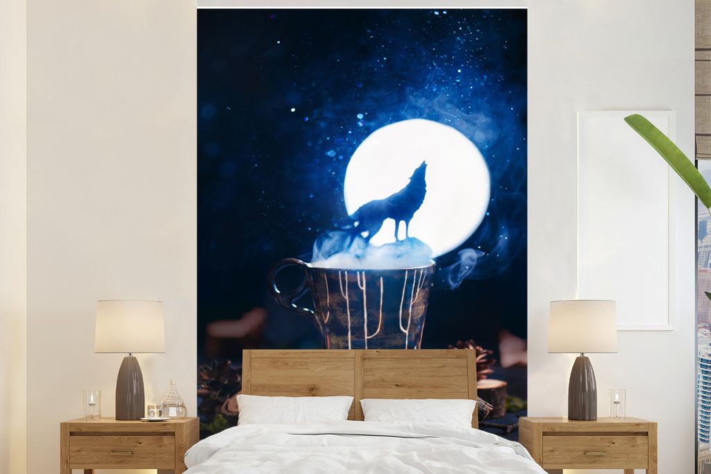 MuchoWow Fototapete für Wohnzimmer oder Schlafzimmer Wandtapete Vinyl Motivtapete Wolf heult den Mond an - 180x280 cm - Wallpaper