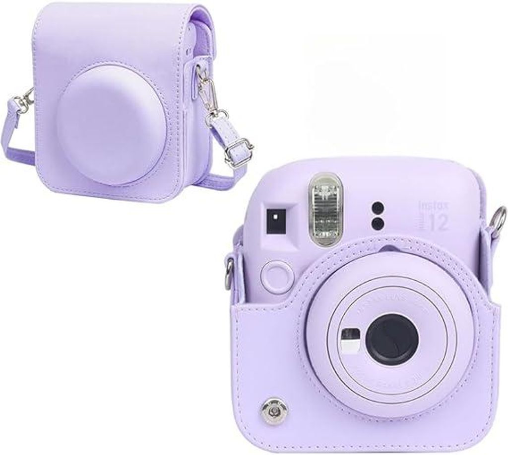 Schutzhülle für Fujifilm Instax Mini 12 Instant Kunstleder Kameratasche mit Tasche und Abnehmbar Verstellbar Schultergurt Lila