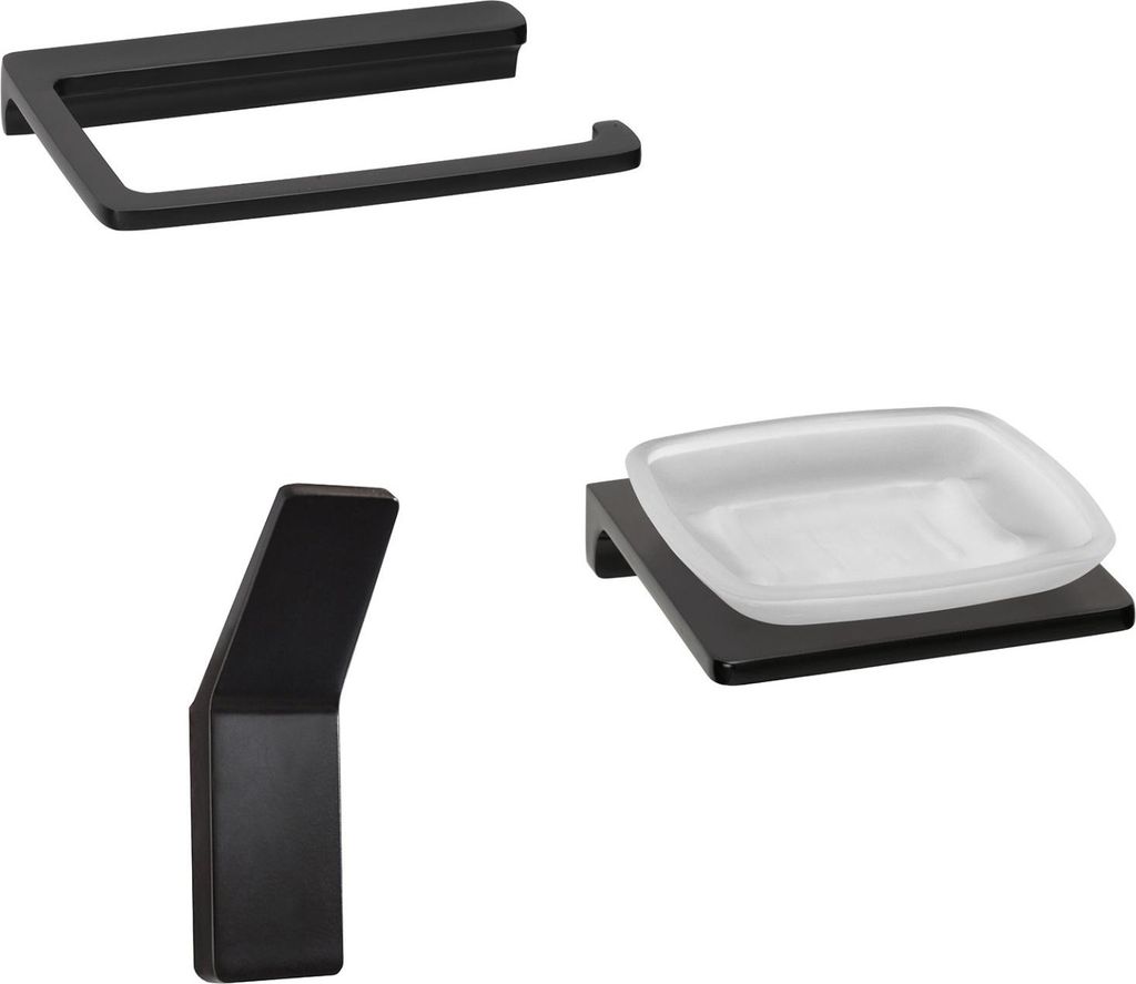 BadeDu SIRIUS Accessoire Set 3-teilig in Schwarz matt Exklusives Badzubehör mit Toilettenpapierhalter, Handtuchhaken und Ablageschale