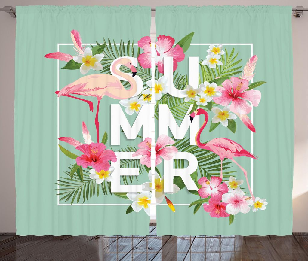 ABAKUHAUS Blumen Rustikaler Gardine, Tropical Retro Blumen, Schlafzimmer Kräuselband Vorhang mit Schlaufen und Haken, 280 x 175 cm, Mintgrün Rosa