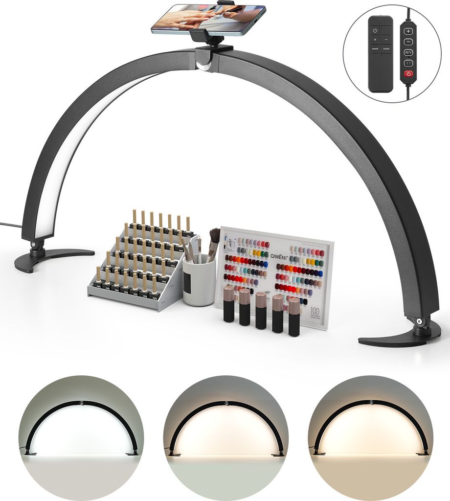 A desktop lamp for nail art and eyelash extensions, with accessories like nail polish bottles and a color chart.
