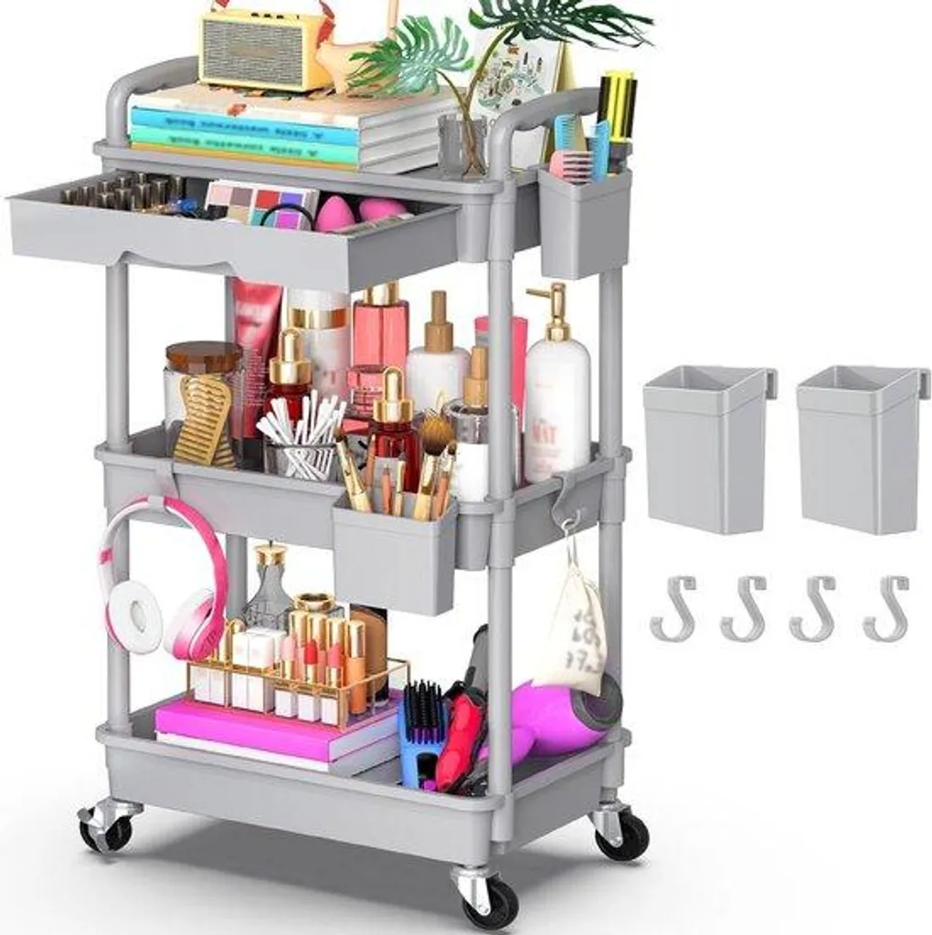 Chariot de rangement gris pour salle de bain et cuisine avec plateau