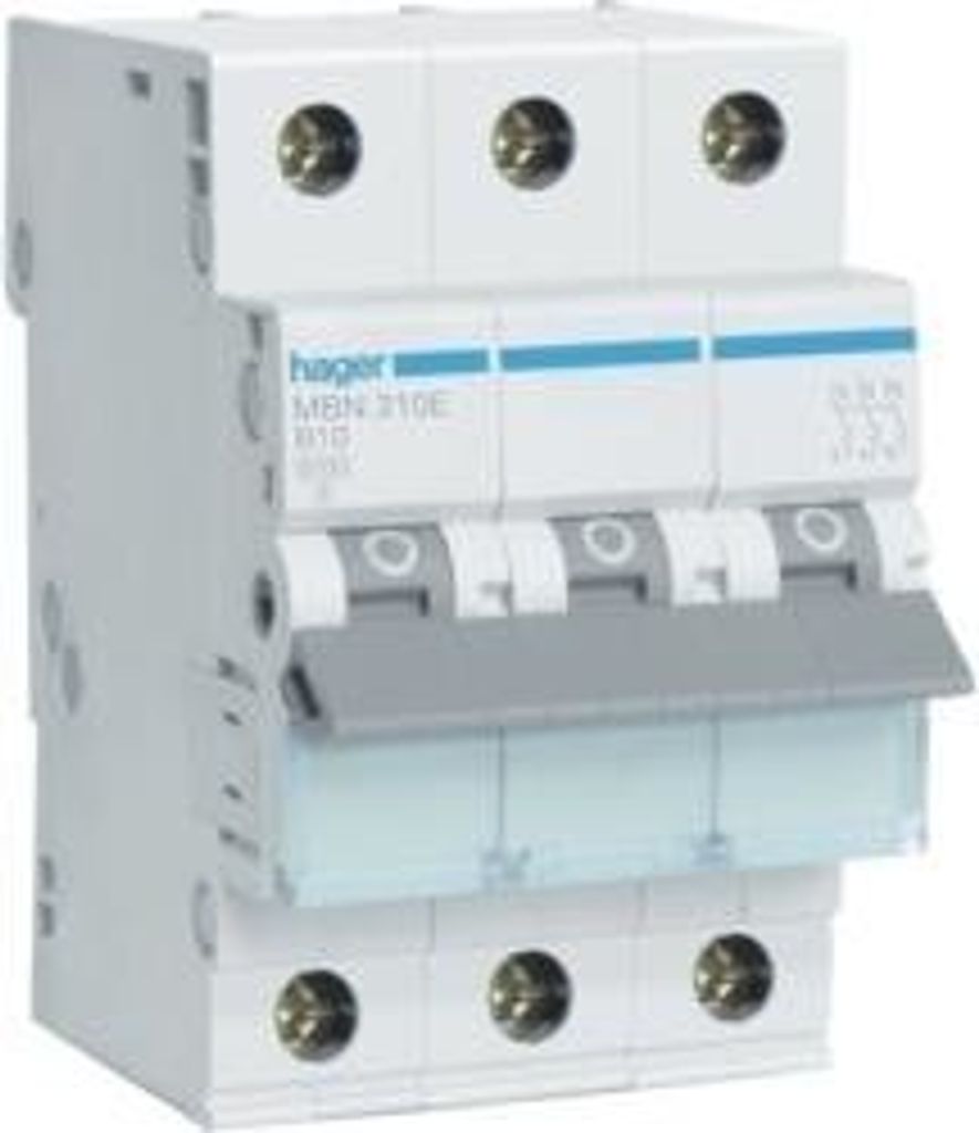 A close-up studio shot of a white electrical circuit breaker with gray levers and blue accents.