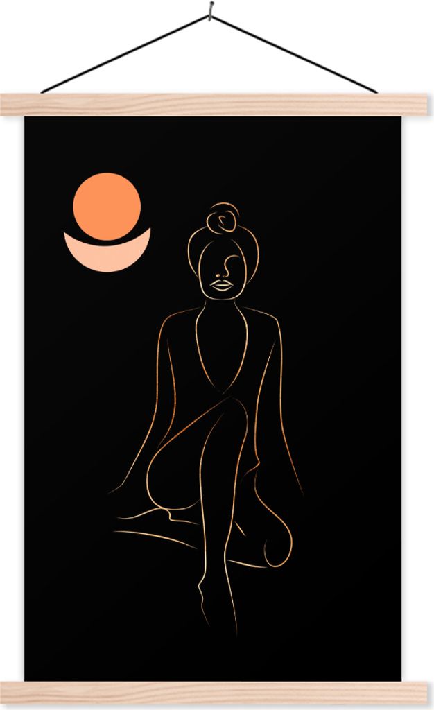 MuchoWow Textilposter Frau - Gold - Schwarz - Strichzeichnung 120x180 cm mit holzfarbenen Rahmen - Textil-Plakat