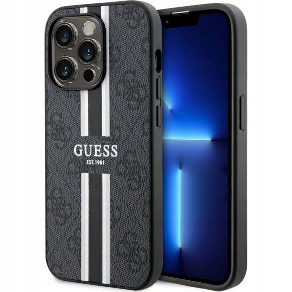 Guess GUHMP14LP4RPSK iPhone 14 Pro 6,1 schwarz/schwarzes Hardcase 4G bedruckte Streifen MagSafe Handyhülle