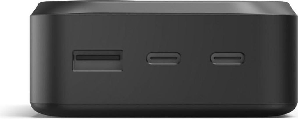A close-up view of the ports on a black power bank.