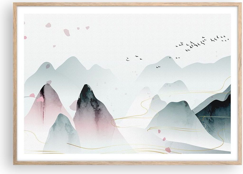 Gerahmtes Poster - Rahmen in heller Eiche - Berge Vögel Modern - 100x70 cm - Wand Bild - Wanddeko - Wandbilder - Kunstposter - Wandposter - Bilder...