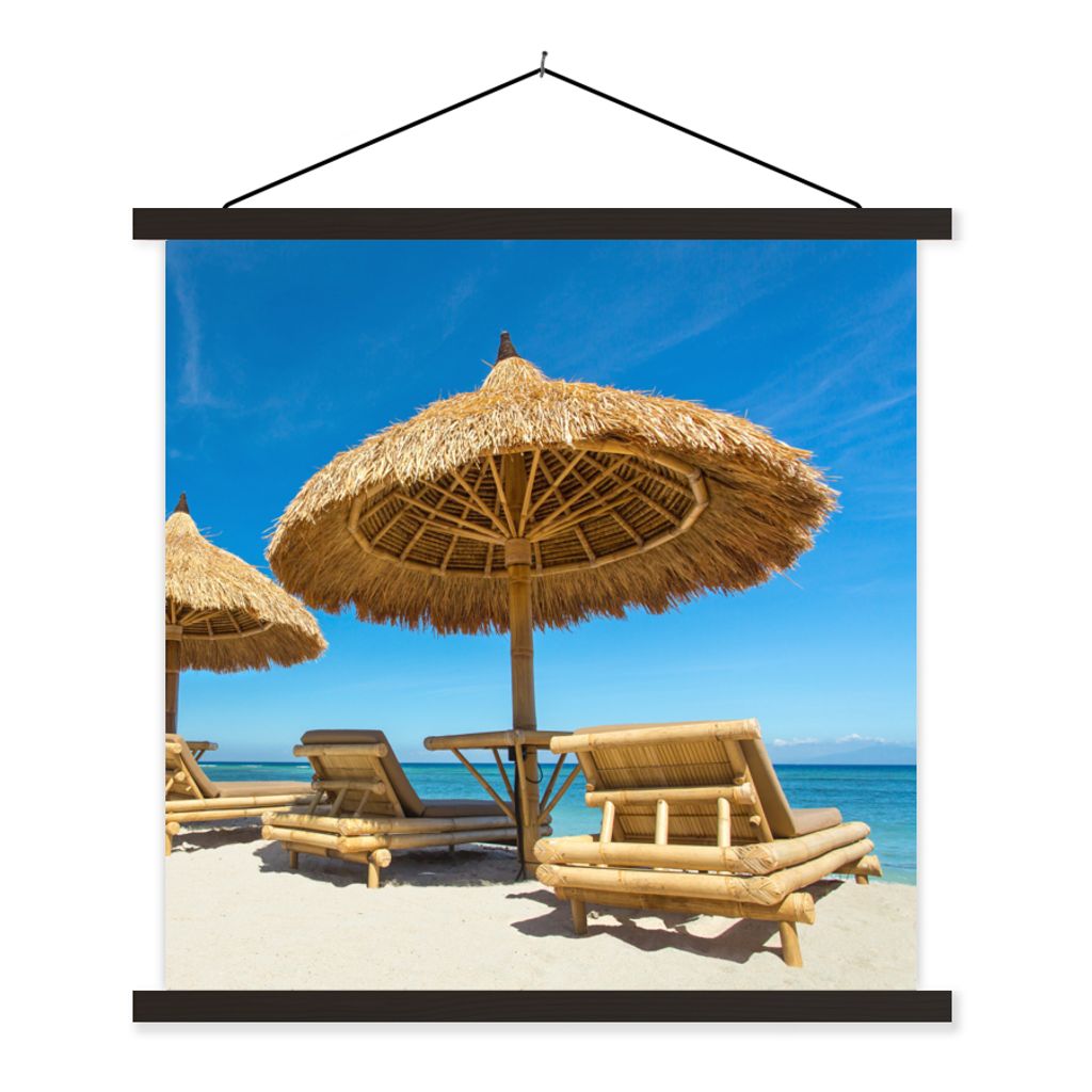 MuchoWow Textilposter Strandkorb - Strand - Sonnenschirm - Meer - Sommer 60x60 cm mit schwarzem Rahmen - Posteraufhänger