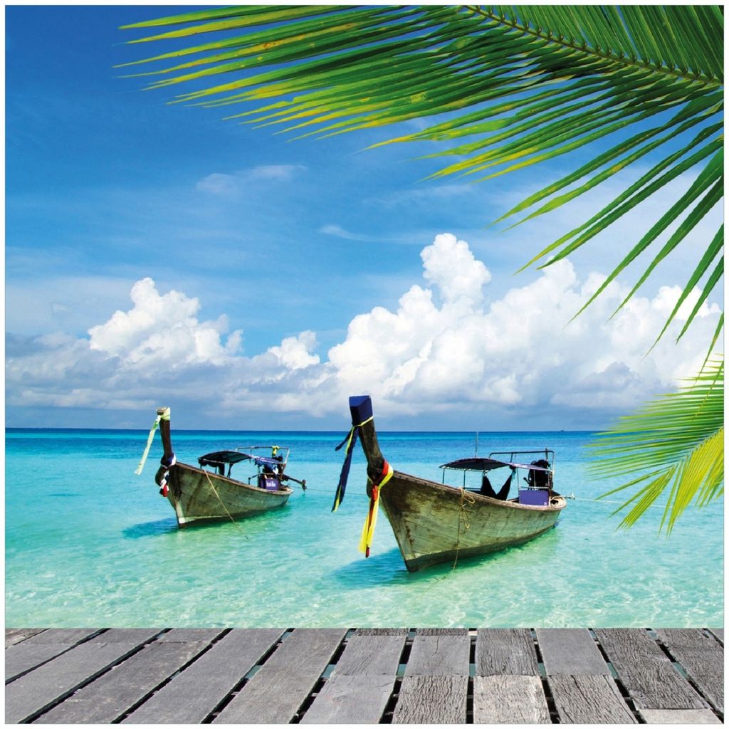Wallario Premium Glasbild, freischwebende Optik, kräftige Farben, Größe 30 x 30 cm Motiv Sonnenboot in der Karibik