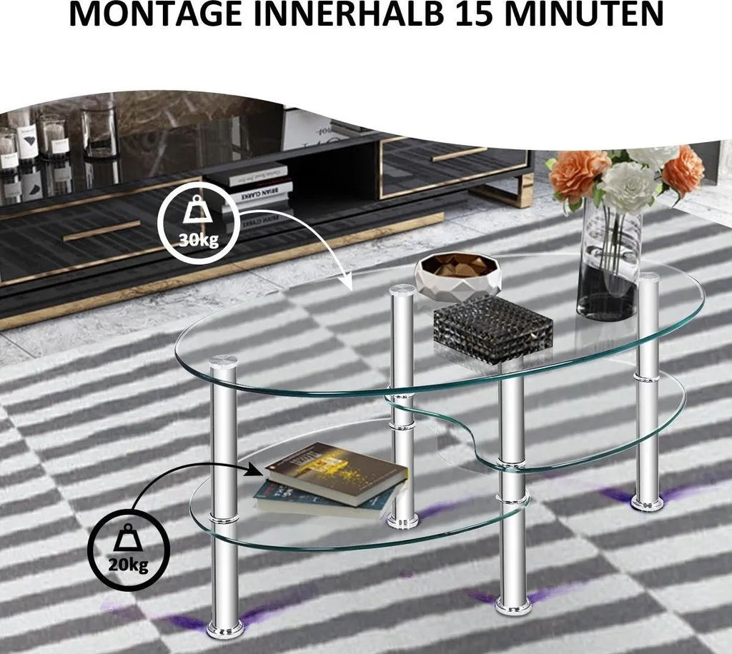 Table basse ovale à trois niveaux en verre moderne avec étagère double