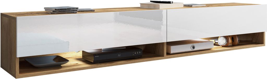 MINIO go for it, TV-Lowboard, TV-Schrank "ANNE", 180cm, stehend, hängend, mit LED-Beleuchtung, Wotan Eiche/ Weiss Glanz Farbe