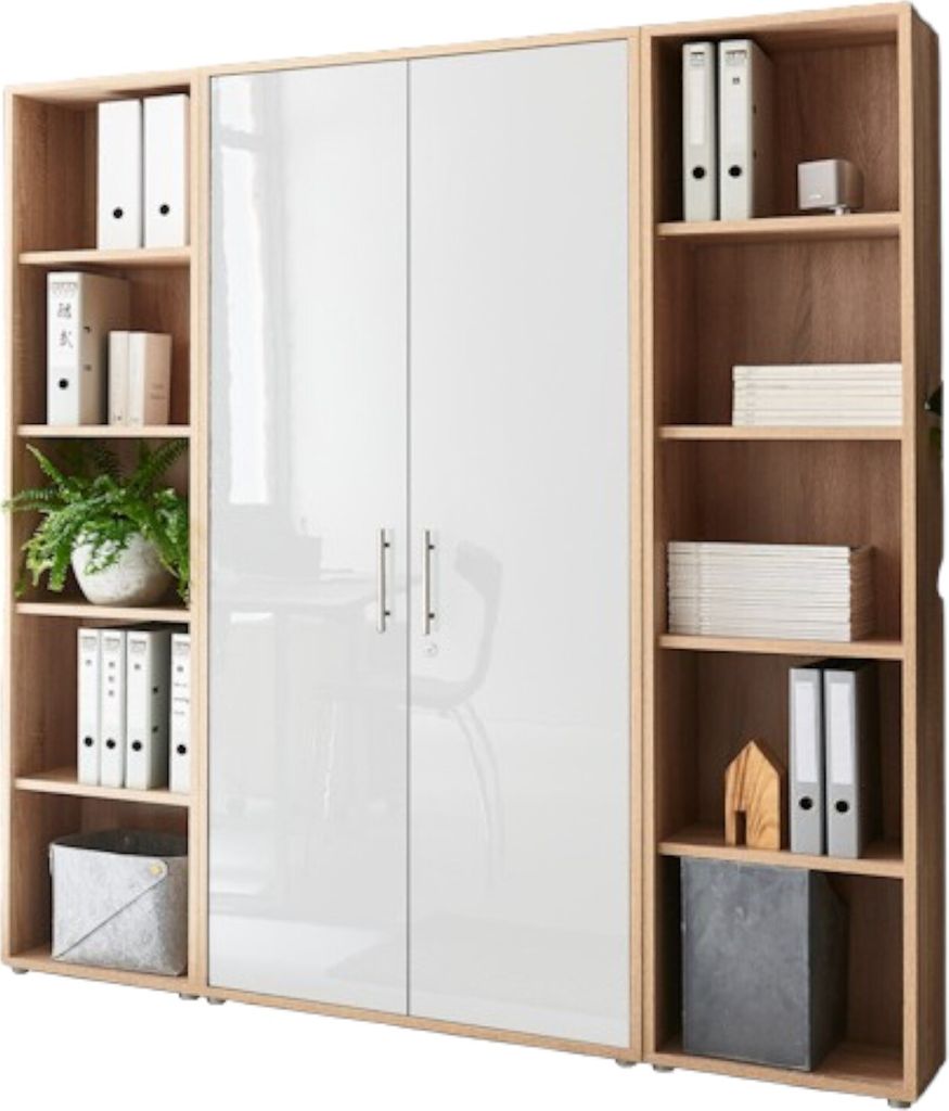 Aktenschrank TABOR 3 in Eiche Sonoma / weiß Hochglanz, Schrankwand, Büroschrank, abschließbar, Metallgriffe