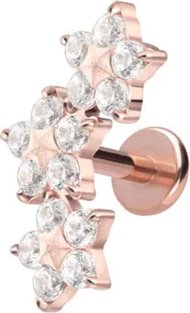Ohrpiercing, Nasenpiercing Titan Labret mit Push Fit 3 KRISTALLBLUMEN RoséGold Stablänge: 6mm | Stabstärke: 1,2mm