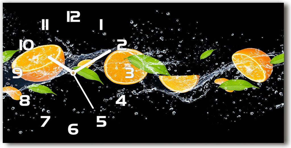 Wanduhr aus Glas – 60x30 cm - Glasbild - Glasuhr - Gehärtetes Glas - weisse-zeiger - Orangen und Wasser