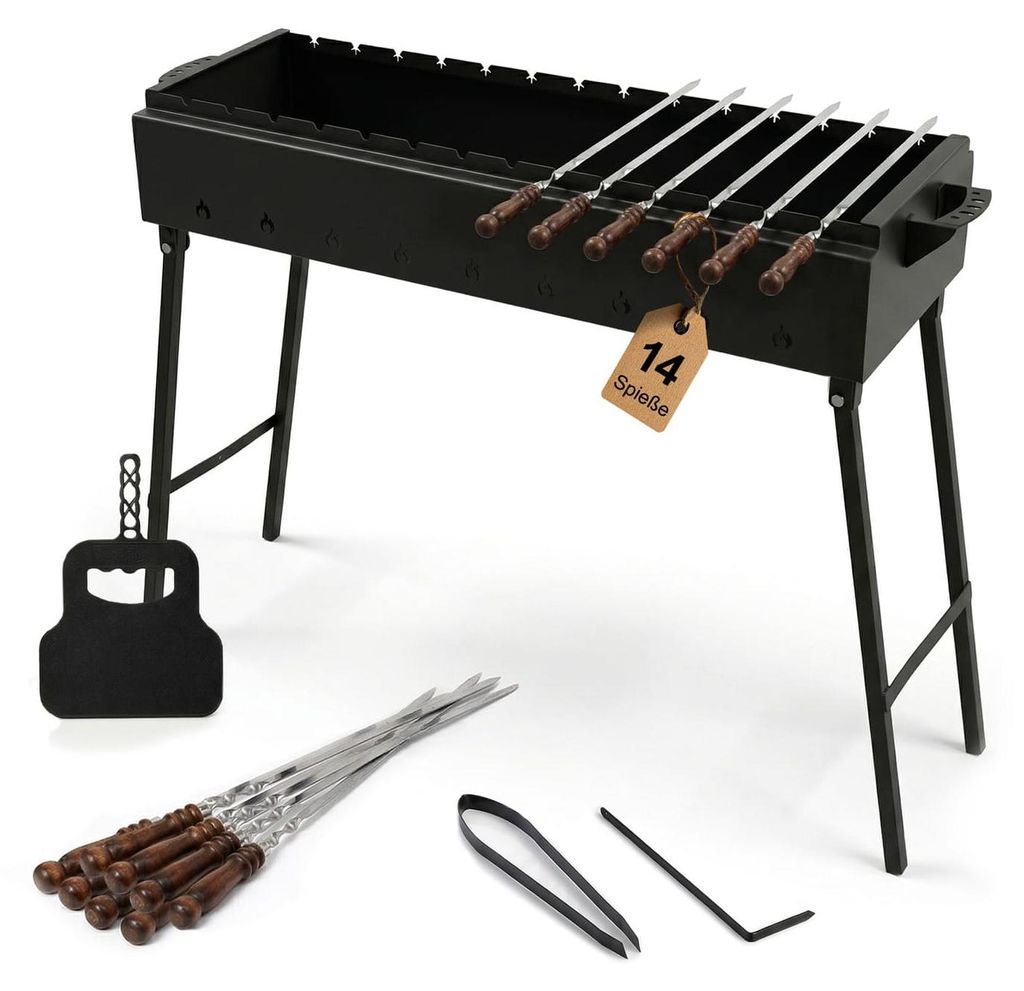 Klappbarer Schaschlikgrill aus 2 mm Stahl, 90 cm lang, Holzkohlegrill mit 14 Edelstahlspießen mit Holzgriff & Grillfächer – BBQ Mangal für Gri...